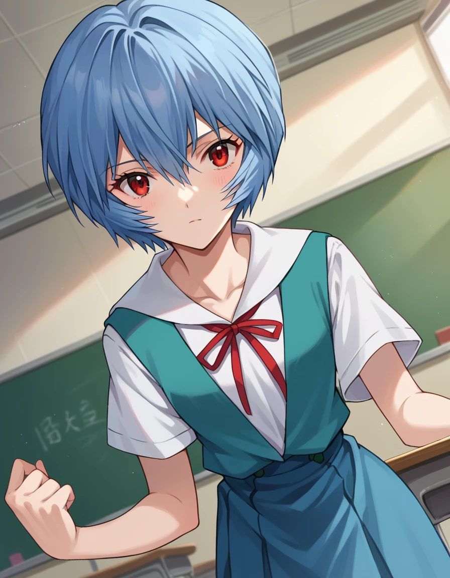 score_9, score_8_up, score_7_up, source_anime, reiayanami, <lora:rei-ayanami-ponyxl-lora-nochekaiser:1>, rei ayanami, blue hair, short hair, red eyes, skirt, shirt, ribbon, school uniform, white shirt, short sleeves, red ribbon, neck ribbon, tokyo-3 middle school uniform, indoors, classroom, looking at viewer, cowboy shot, dutch angle, dynamic pose,