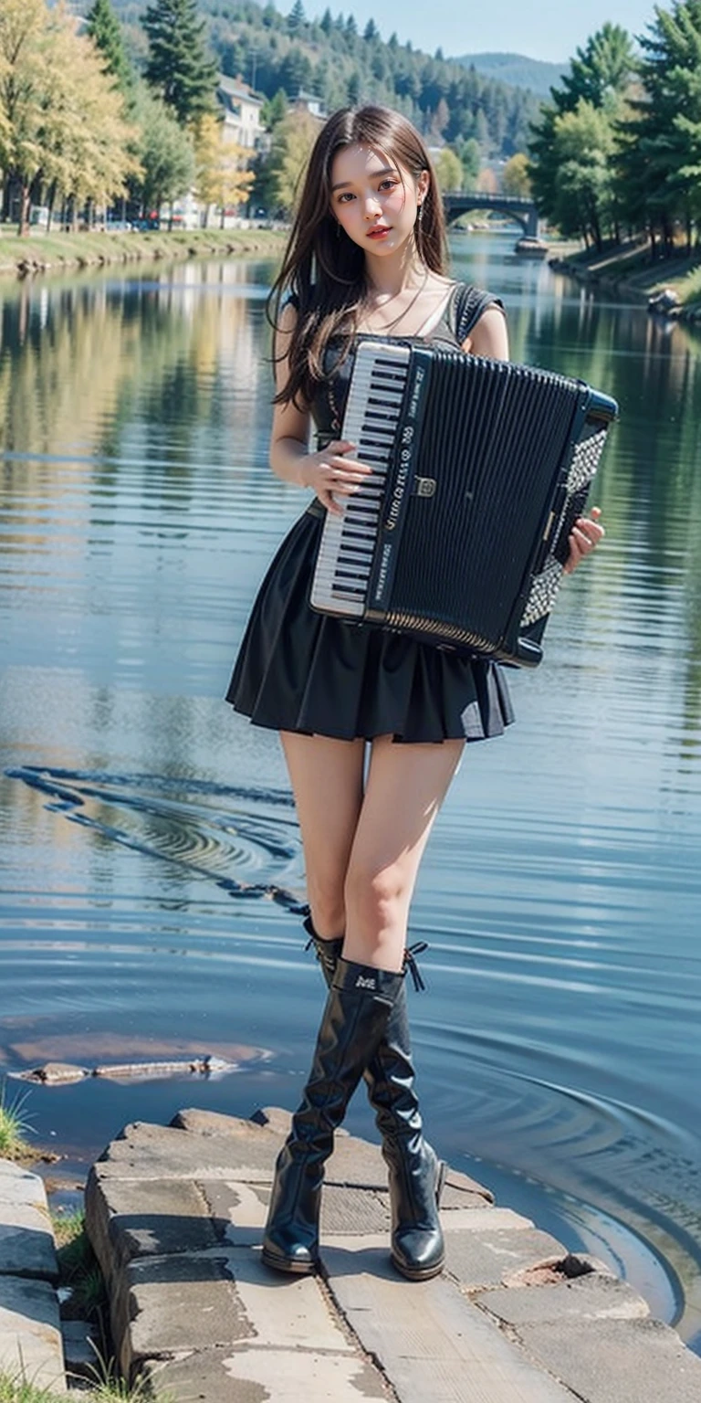 1girl, playing accordion, accordion, stand in river, full body,  high-heeled boots,outdoor, river, 
masterpiece, best quality, 8k