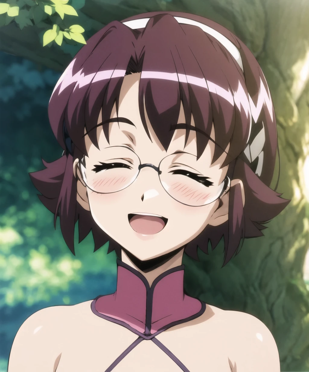 1girl,solo,blush,smile,short hair,open mouth,brown hair,bare shoulders,closed eyes,hairband,glasses,parody,<lora:renkin_san_kyuu_magical-09:1>,