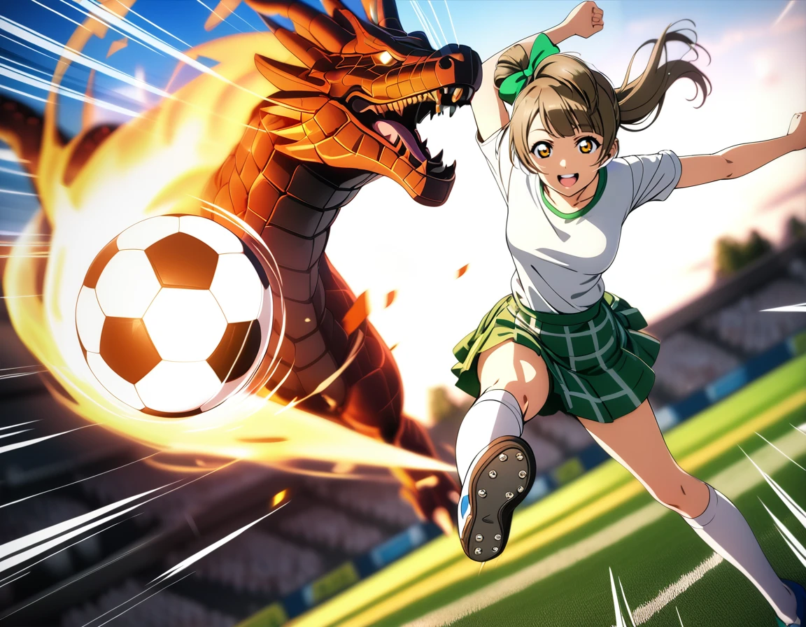 1girl,
minami kotori, love live!,
casual wear,skirt,
smile,
<lora:captaintsubasashootXL3:0.8>,captaintsubasashoot,soccer ball,
kicking,emphasis lines,speed lines, soccer field,motion blur,motion lines, action,looking at viewer, dutch angle,standing on one leg,aura,arm up,leg up,wind,
dragon,
masterpiece, best quality, ultra detailed, highres,4k,(ultra-detailed:1.4) (illustration:0.5), (ray tracing,:0.8),(anime colored:0.7),(ai-generated:0.5),
