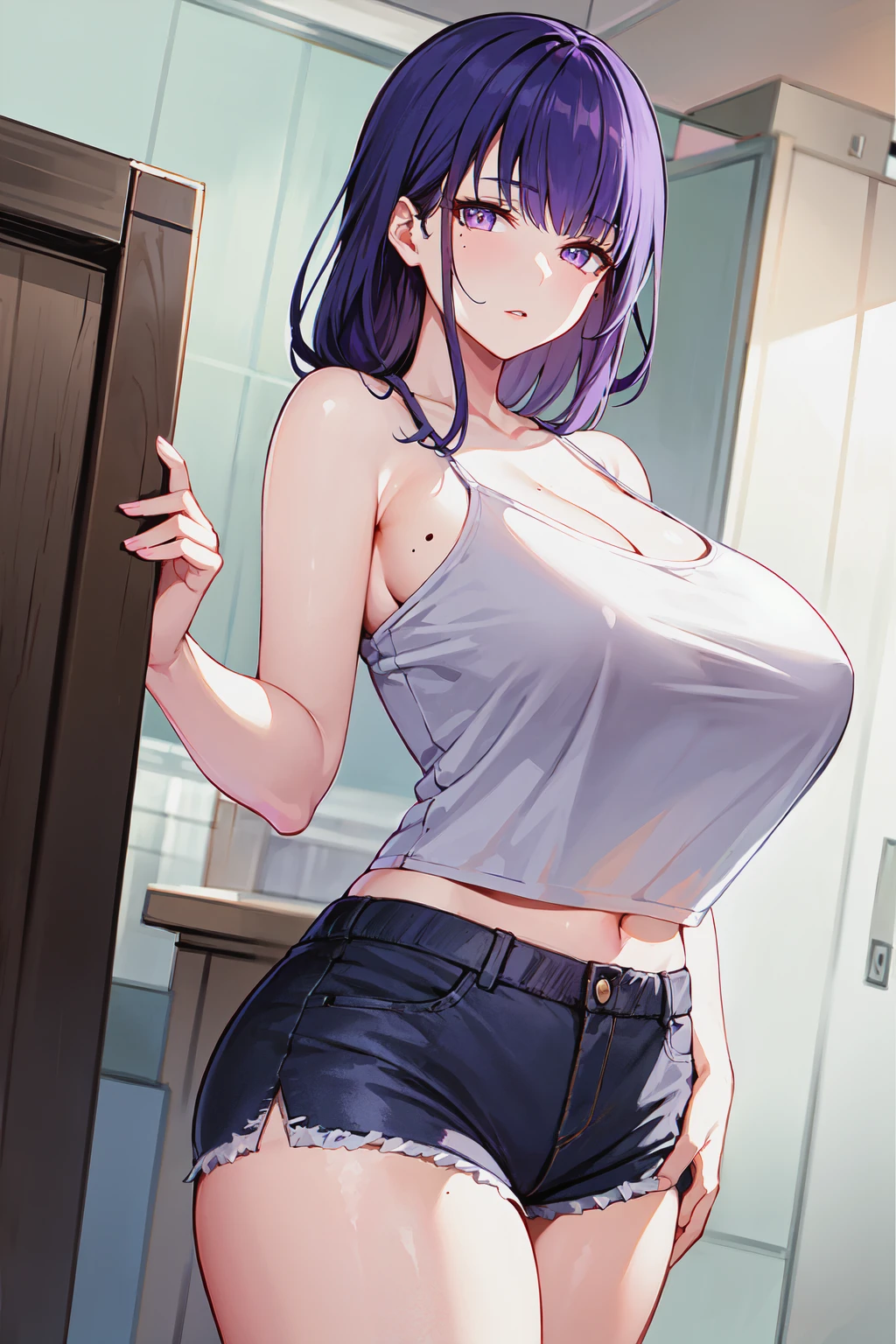 mature female, 1woman, milf, raiden shogun, expressionless, tanktop, white tanktop, sweatshort, thighs, spaghetti strap, midriff, <lora:raiden shogun v4:1>,purple hair, purple eyes, mole under eye, looking at viewer, big bust, beautiful figure,