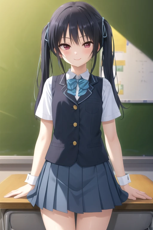 ((masterpiece)),(best quality),official art,extremely detailed CG,unity 8k wallpaper,ultra detailed,beautiful detailed eyes,extremely detailed face,classroom,1girl,solo,cowboy shot,looking at viewer,facing viewer,(petite:1.2),smile,Seguchi Yayoi,long hair,black hair,twintails,hair ribbon,red eyes,sidelocks,school uniform,blue vest,wing collar,collared shirt,white shirt,blue bowtie,short sleeves,blue cuffs,medium breasts,blue skirt,pleated skirt,black socks,loafers,<lora:Seguchi Yayoi(okjmd)>,