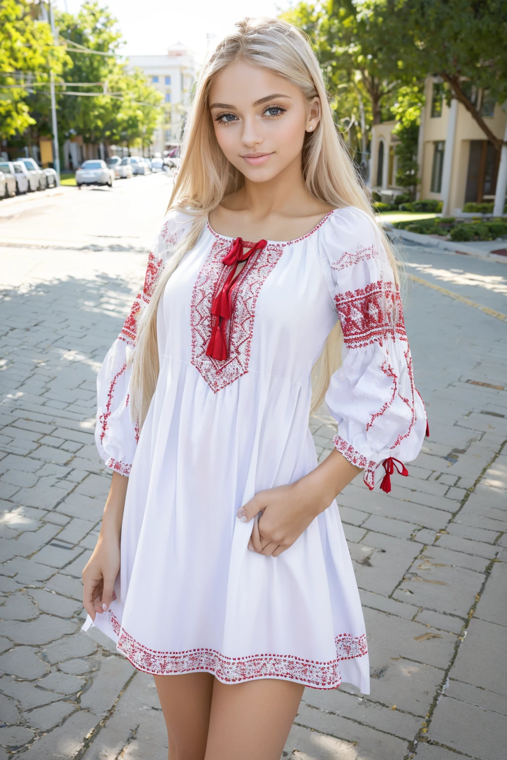 ((masterpiece,best quality,edgQuality)),(smile:0.8),
edgVyshivanka, a woman in a white dress is standing on a street ,wearing edgVyshivanka, edgVyshivanka_style_embroidery
<lora:edgVyshyvankaRediscovery:1>
<lora:edgPBlondeDollLikenessv1:0.8> edgpb_woman, edgpb_face, edgpb_body,