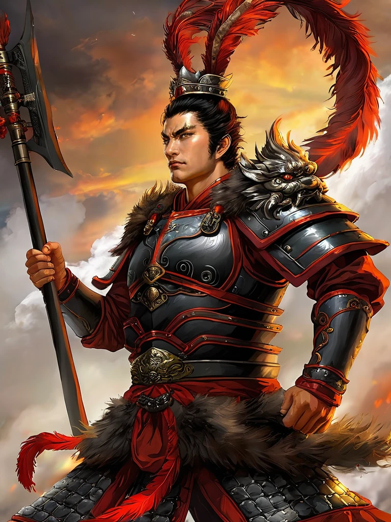 masterpiece,best quality,highly detailed,ultra-detailed, lvbu man, armor, solo, black hair, shoulder armor, holding, looking at viewer, holding black stick, digital artwork, pheasant tail feathers crown on head, belt, sky, cloud, fire, upper body, fur trim, closed mouth, brown eyes <lora:lvbu_sdxl:0.7>
