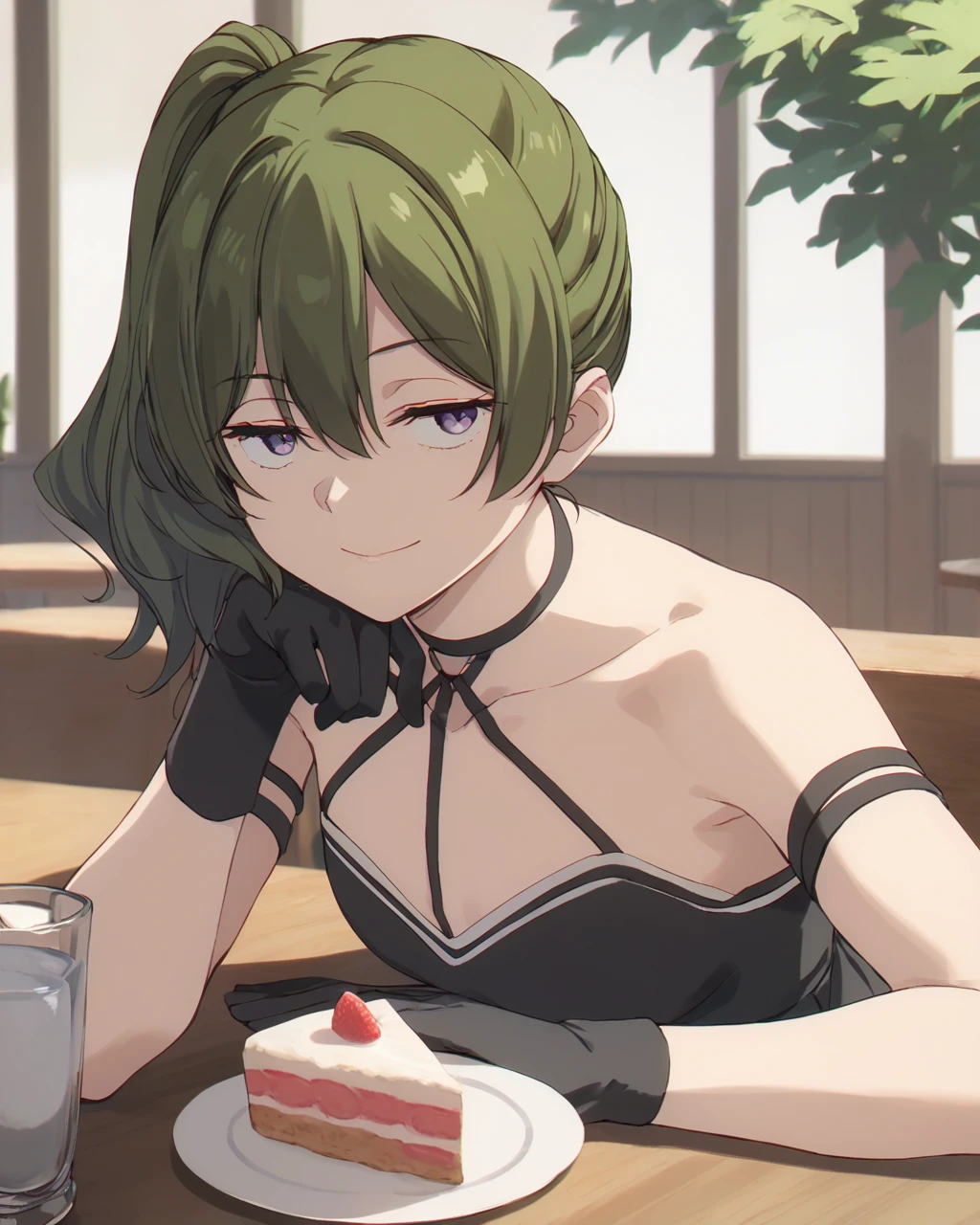 score_9, score_8_up, score_7_up, score_6_up, score_5_up, score_4_up, source_anime, screenshots, <lora:Ubel_PonyXL-000015:1> ubel,1girl,green hair, bangs,hair between eyes,side ponytail, purple eyes,black choker, collarbone, sleeveless, black dress,sleeveless dress, halterneck,pleated skirt,(black gloves,
smile, half-closed eyes, looking at viewer, upper body, restaurant, holding_cup, sitting, table, cake