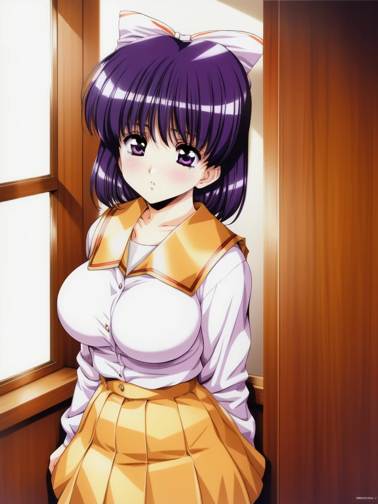 <lora:Ai_Mizuho:0.8>, Mizuho, 1girl, soro, purple eyes, black hair, hair bow, purple hair, shiny hair, breasts, school uniform, orange skirt, long sleeves, room, window, cowboy Shot, blush,
masterpiece, high quality, very_high_resolution, large_filesize, full color,