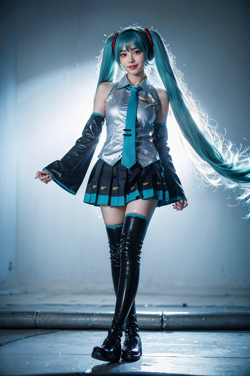 best quality, masterpiece, realistic, photorealistic, 1girl, solo, looking at viewer, smile, standing, full body, floating hair, hatsune miku cosplay costume, hatsune miku, cosplay, aqua hair, twintails, very long hair, hair ornament, headphones, headset, shirt, skirt, pleated skirt, necktie, aqua necktie, detached sleeves, tattoo, thigh boots, floating hair, in stage, audience, bands, <lora:miku_cosplay_original_v1:0.6>