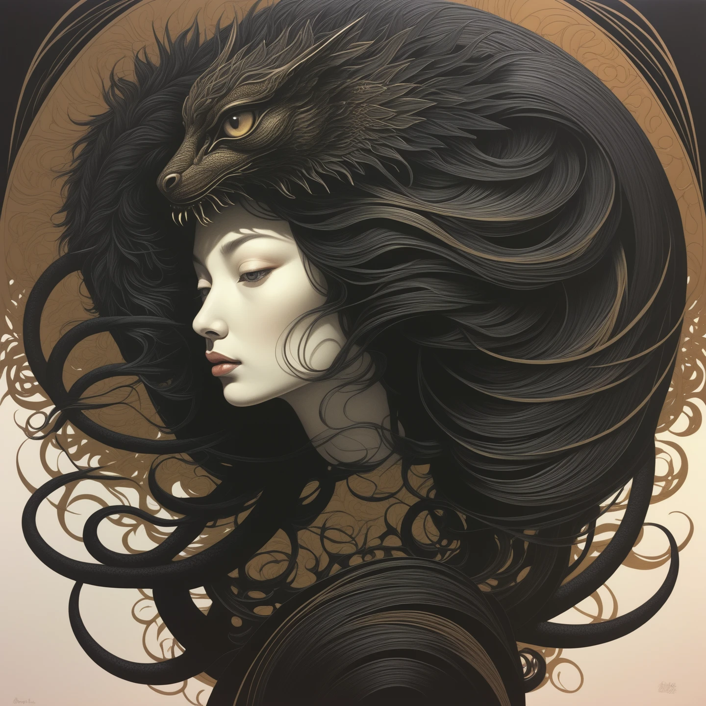 Surrealist art linquivera kylin, bold lines, hyper detailed, a dark warm limited palette, chiaroscuro, liiv1, . Dreamlike, mysterious, provocative, symbolic, intricate, detailed