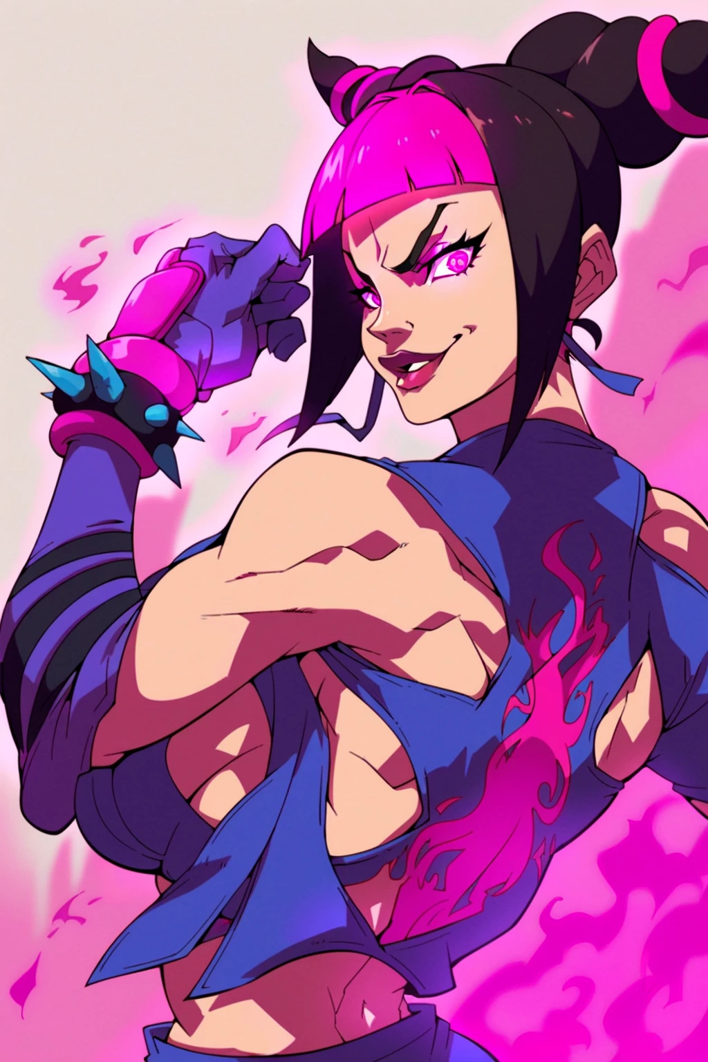 score_9, score_8_up, score_7_up street_fighter street_fighter_iv_(series) han_juri 1girl back bare_shoulders black_hair breasts gloves glowing glowing_eye hair_horns halterneck kicking large_breasts lips midriff purple_eyes sideboob smirk solo toned lips makeup
<lora:Boondocks Pony:1>