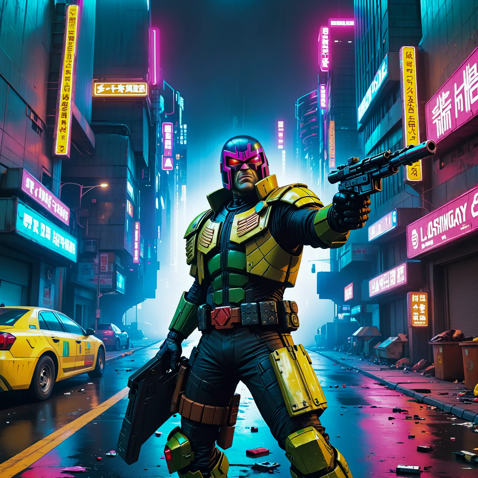 Judge Dredd aiming a gun on a cyberpunk city street, dl44blstr, neon, scifi, grimdark, gritty, trash, skyscrapers, highway,