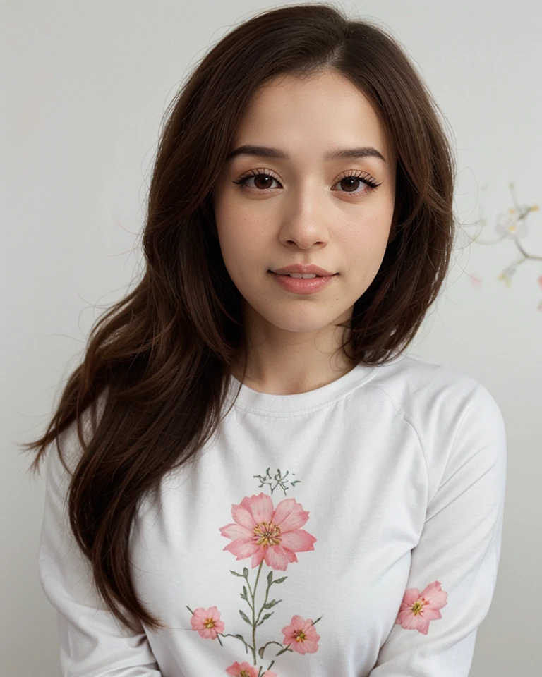 1girl, pokimanelol, ((flower print shirt)), long sleeves, close up, headshot, simple background,