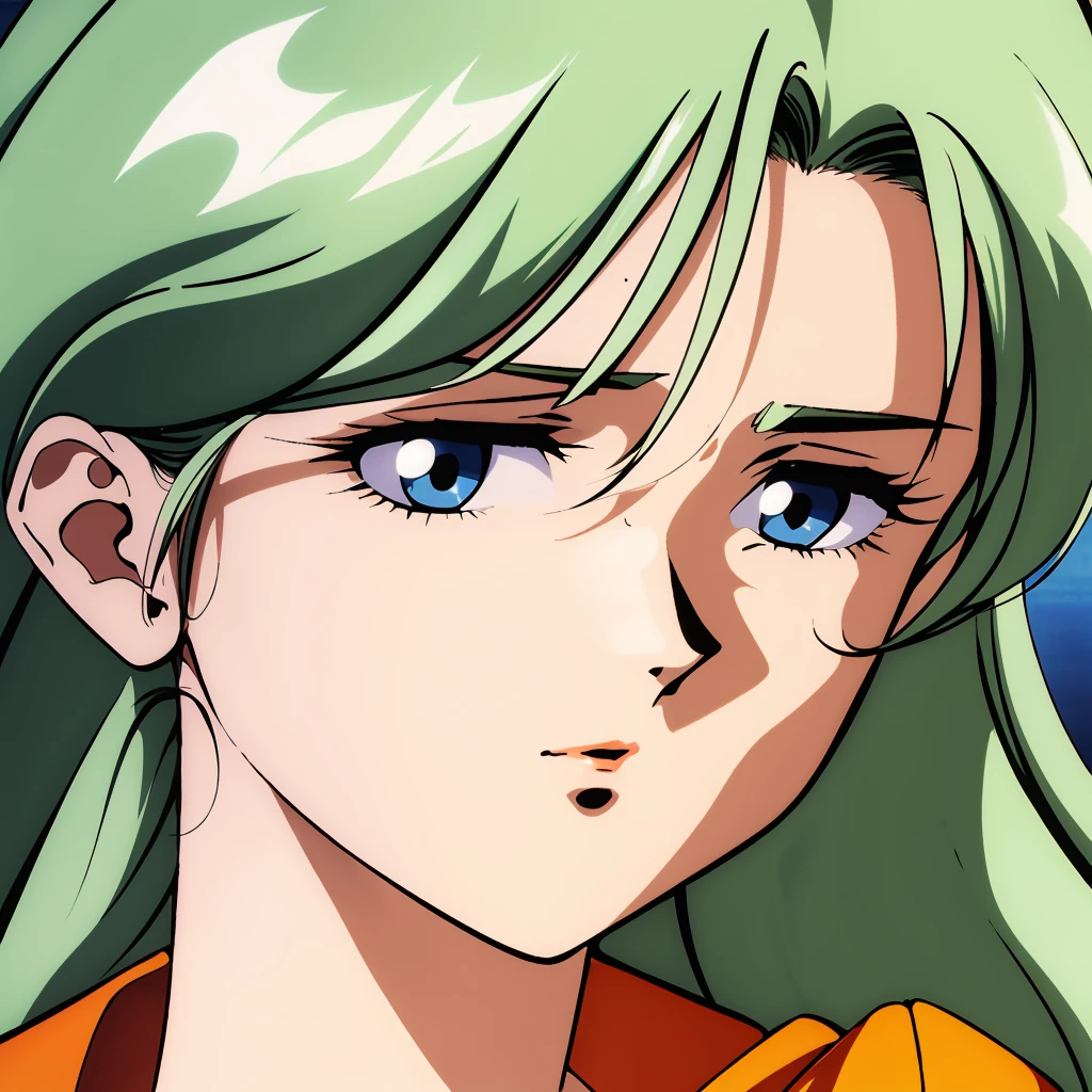 <lora:MiyukiAiba001:0.7>,
retro artstyle,1980s (style),
MiyukiAiba,1gilr,green hair,long hair,blue eyes,
orange dress,
close-up,