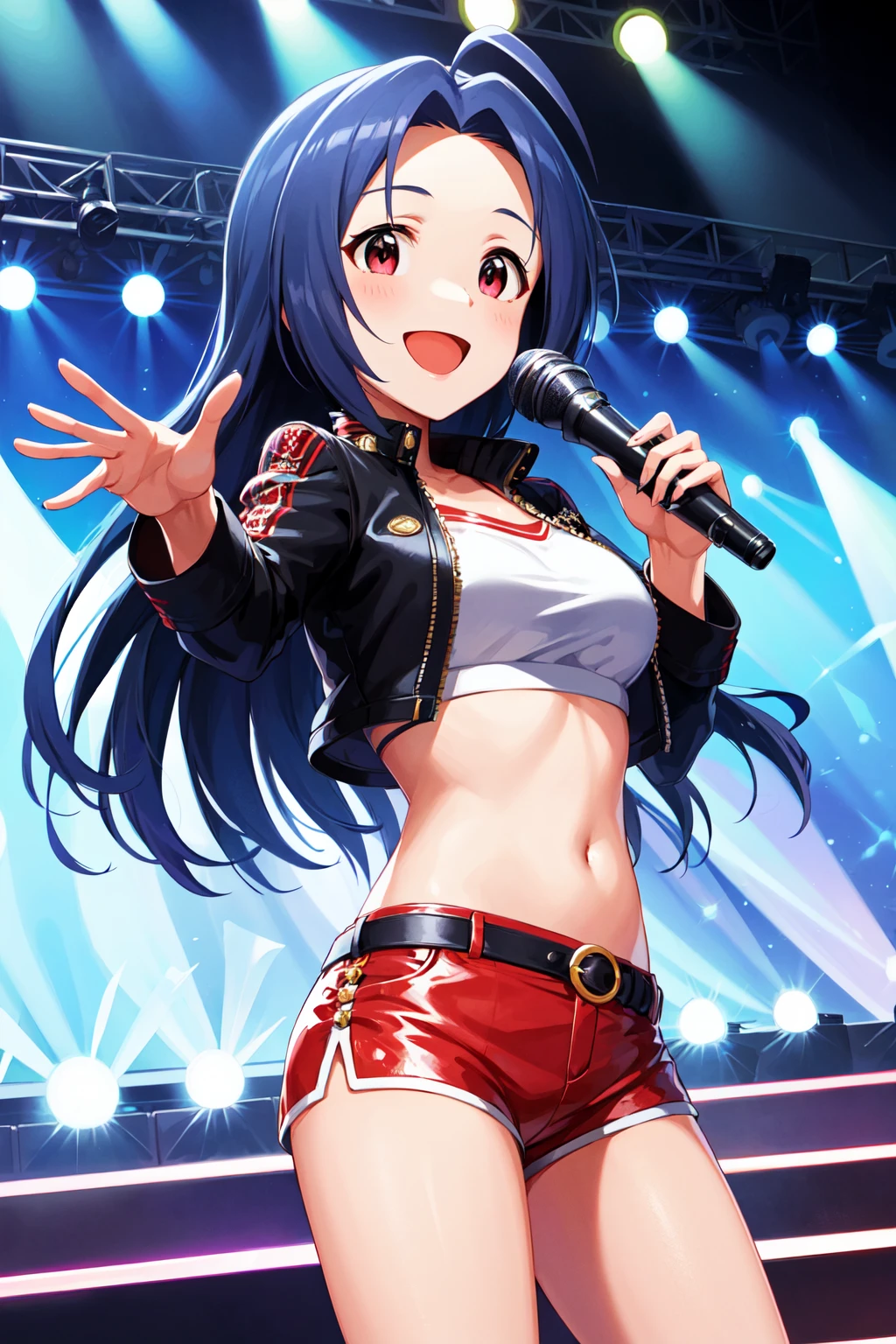 masterpiece, best quality, highres, aaazusa, long hair, ahoge, parted bangs, <lora:miura_azusa_v1:0.7>, idol clothes, cropped jacket, midriff, shorts, standing, cowboy shot, singing, stage, holding microphone, smile, open mouth,