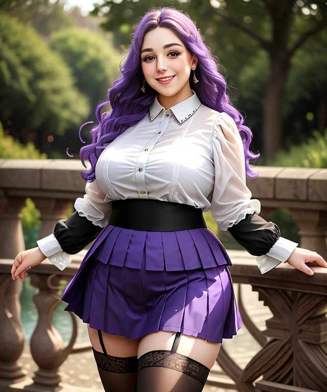 w1nt3rh0 , (((blurred nature, outdoor), close portrait photo, smile, realistic, ((Brave Elegance: Long Sleeves, and Glamour, skirt, stockings,)), chubby, Purple hair