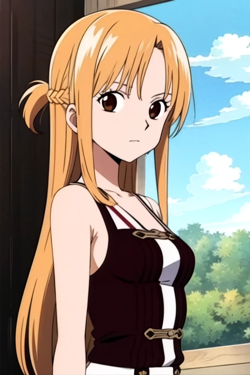 1girl, lucy heartfilia, solo, long hair, indoors, looking at viewer, side ponytail, bare shoulders, upper body, sleeveless, hair ribbon, lucy_heartfilia_ti<hypernet:sgqo1n:1.0>