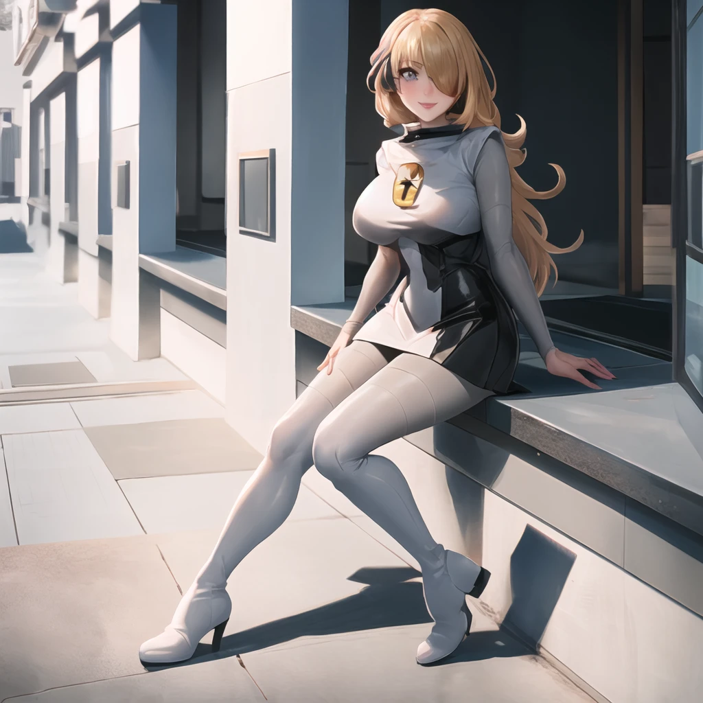 masterpiece, best quality, highly detailed, 1girl, solo, cynthia_pokemon,
one eye covered, hair over one eye, blonde hair, blue eyes, pink lips, hair ornament, large breasts, seductive smile, long hair, grey eyes, blush,
standing, street,
<lora:cynthia_pokemon-08:0.9> <lora:team_galactic_grunt_outfit-10:1> (team_galactic_grunt_outfit:1.4), uniform, dress, short dress, boots, grey boots, knee boots, grey footwear, pantyhose, long sleeves, bodysuit under clothes, bodysuit, grey bodysuit, high collar