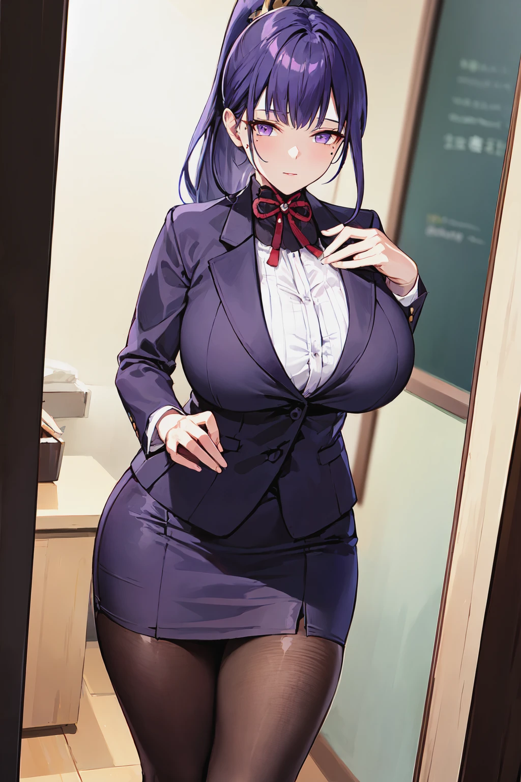 mature female, 1woman, milf, raiden shogun, expressionless, business suit, black blazer, tight skirt, <lora:raiden shogun v4:1>, long hair, ponytail, high ponytail, purple hair, purple eyes, mole under eye, looking at viewer, big bust, beautiful figure,