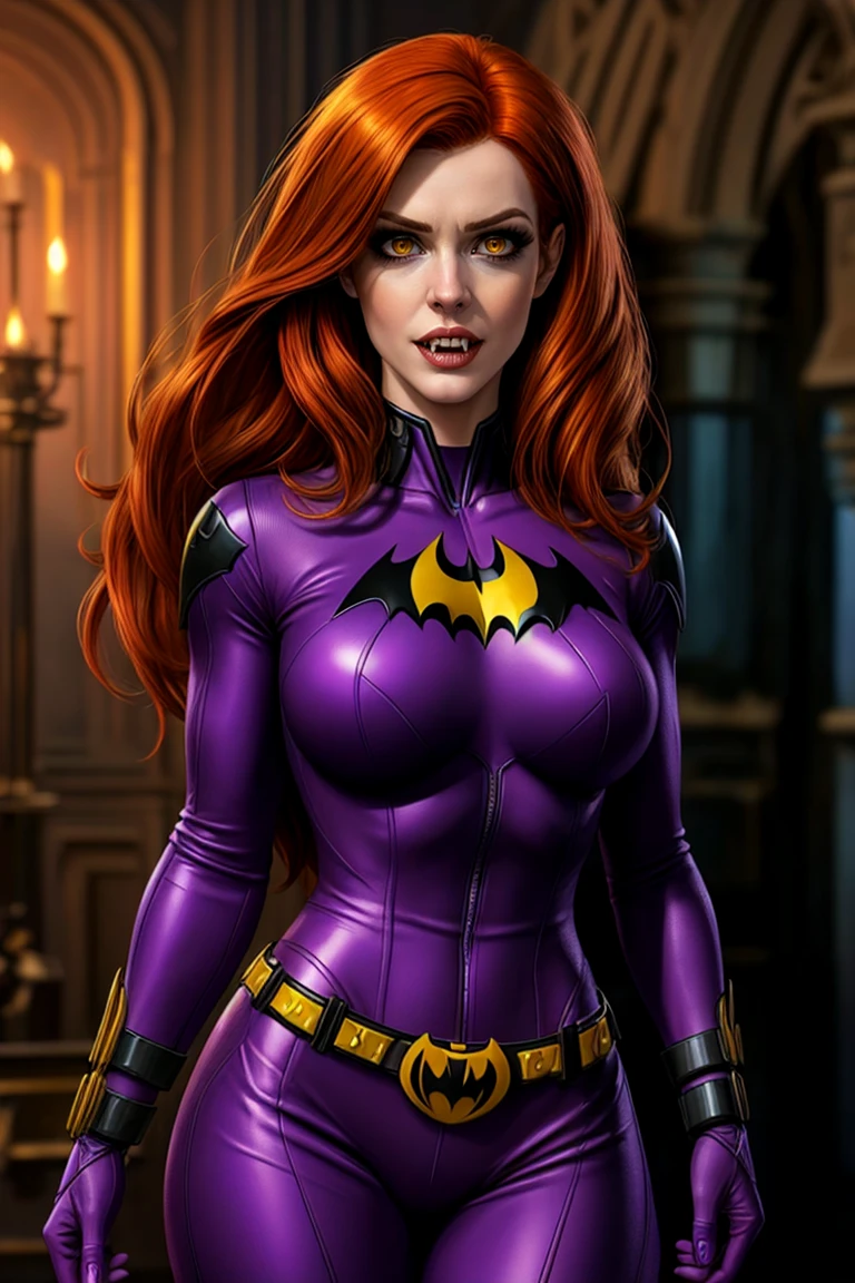 Photorealism, candid, Barbara Gordon, Batgirl, turned into a vampire, baring her fangs, pale skin, long auburn hair, hypnotic yellow eyes, purple costume <lora:XenoDetailer_v3:0.3> <lora:VampireFangs_v1:1>