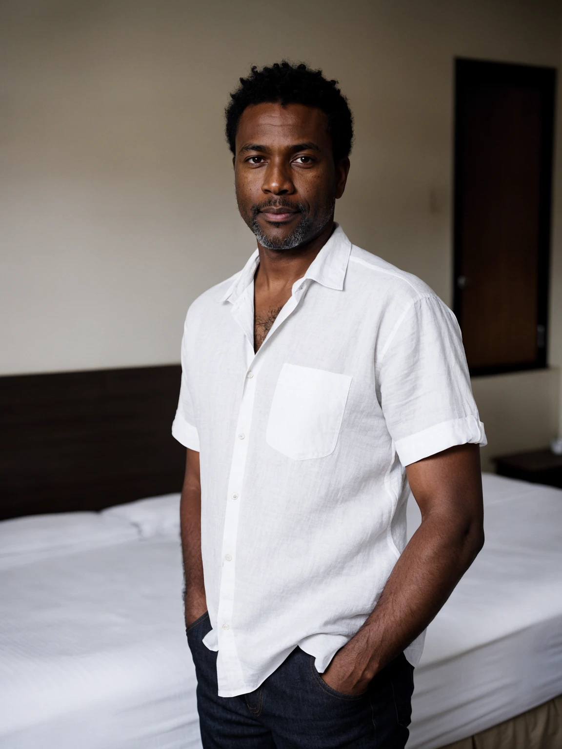 photograph, photo of middle-aged black-skin man, wearing Crisp white linen shirt, untucked over washed black denim, tan chukka boots., posing for photo, setting is setting is inside a deserted a motel room <lora:locon_david_v1_from_v1_64_32:0.8> sks person, [skin texture:0.25], photo grain, close up, RAW photo