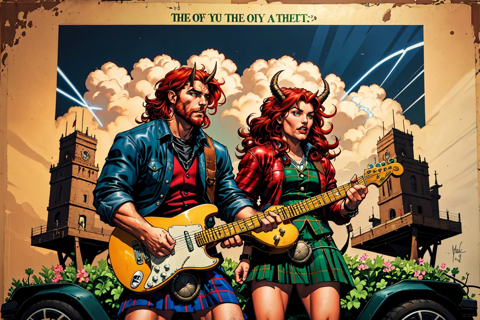 Irish, 1boy, male focus, red hair, beard, long curly hair, mullet, long plaid scottish kilt, tartan theme, red plaid leather jacket, fender electric guitar, heavy metal concert, 4 leaf clovers, celtic metal band, masculine, devil horns, scotland highlands, vintage cars, poster, (masterpiece, best quality)