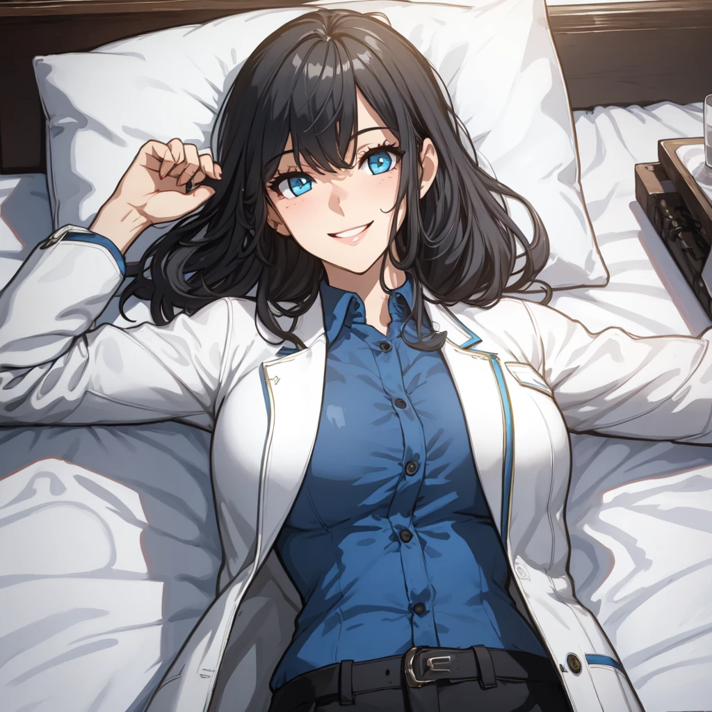 masterpiece, best quality, high quality,1girl,solo,smile, mature female,blue shirt, white coat,arms up, on back,,lying,on bed,