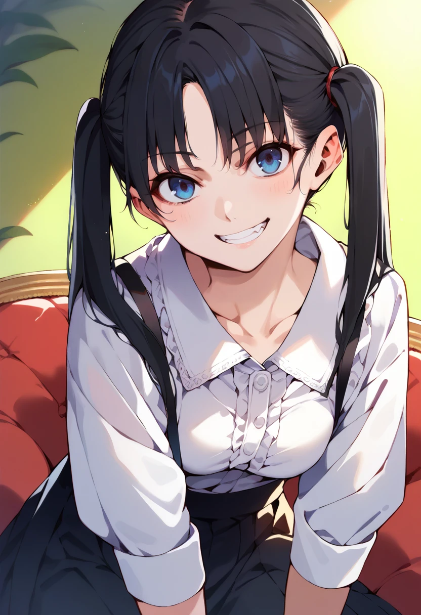 score_9, score_8_up, score_7_up, source_anime, 1girl,blue eyes,twintails, black hair, white blouse, black skirt, grin,looking at viewer, from front, by moriishizuki <lora:Morii-Mizuki-Style-PonyXL-000048:1>