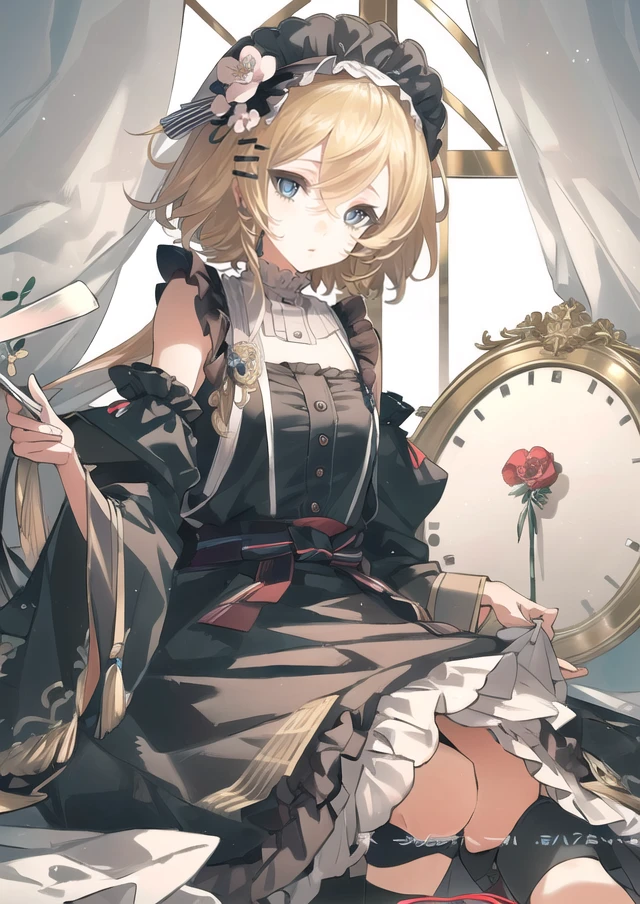 8kï¼ultra-detailed, illustration, (beautiful detailed eyes), beautiful, amazing, detailed eyes, (((masterpiece))),1girl, <lora:FG:1>,striped,blonde hair,flower ribbon