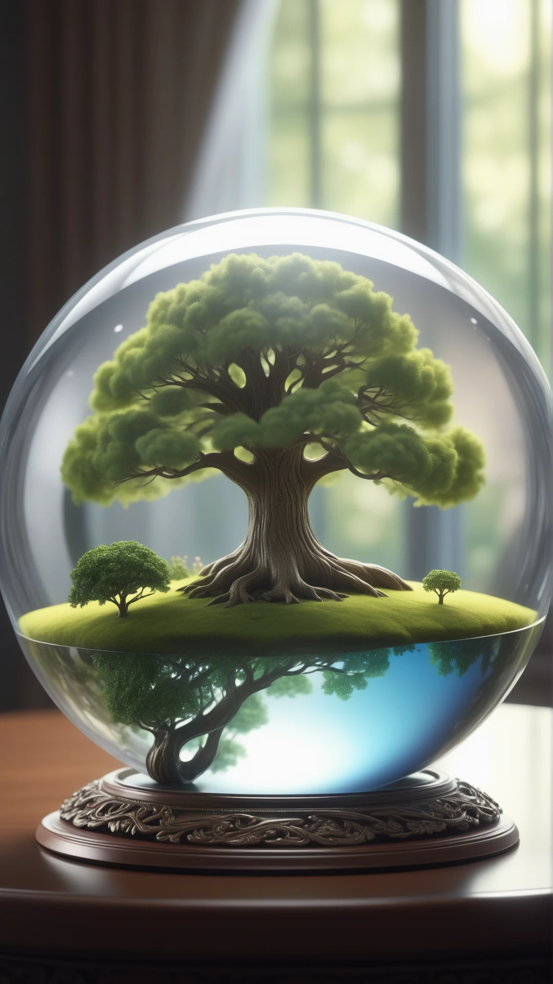 a majestic tree living inside a glass ball, intricate detail, ornate, best quality, hyperdetailed, absurdres, micro world, dramatic light, atmospheric, vivid detail, vibrant, unusual beauty, subsurface scatter, ambient occlusion, photorealistic, cg, masterpiece, award winning