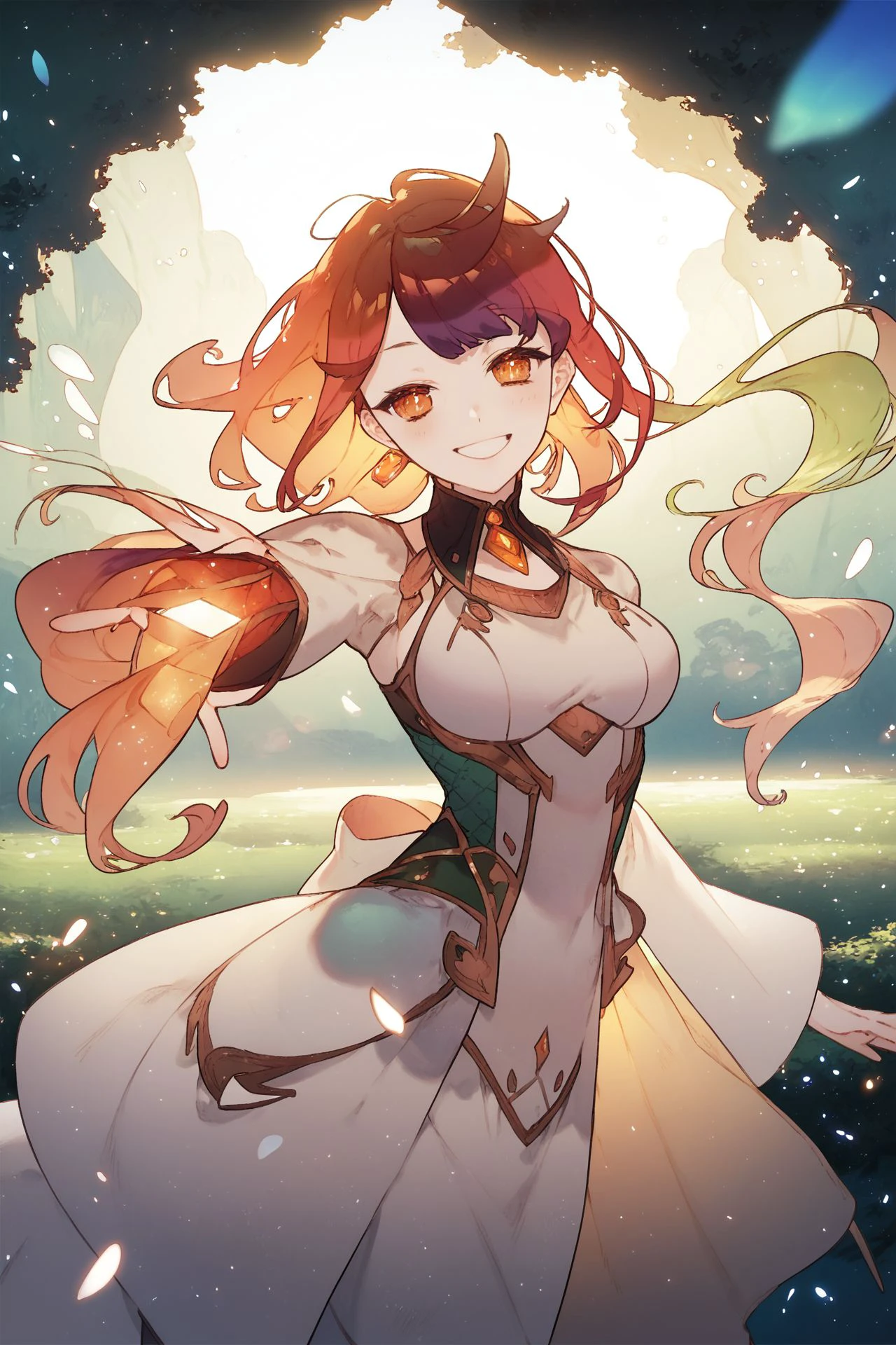 score_9, score_8_up, score_7_up, high resolution, 1girl, beautiful face, detailed pupils, kind smile, multicolored hair, swept bangs, orange eyes, medium breasts, green muumuu, outdoors, floating particles, <lora:noco_(adamas)_PonyXL_style_v01:1>