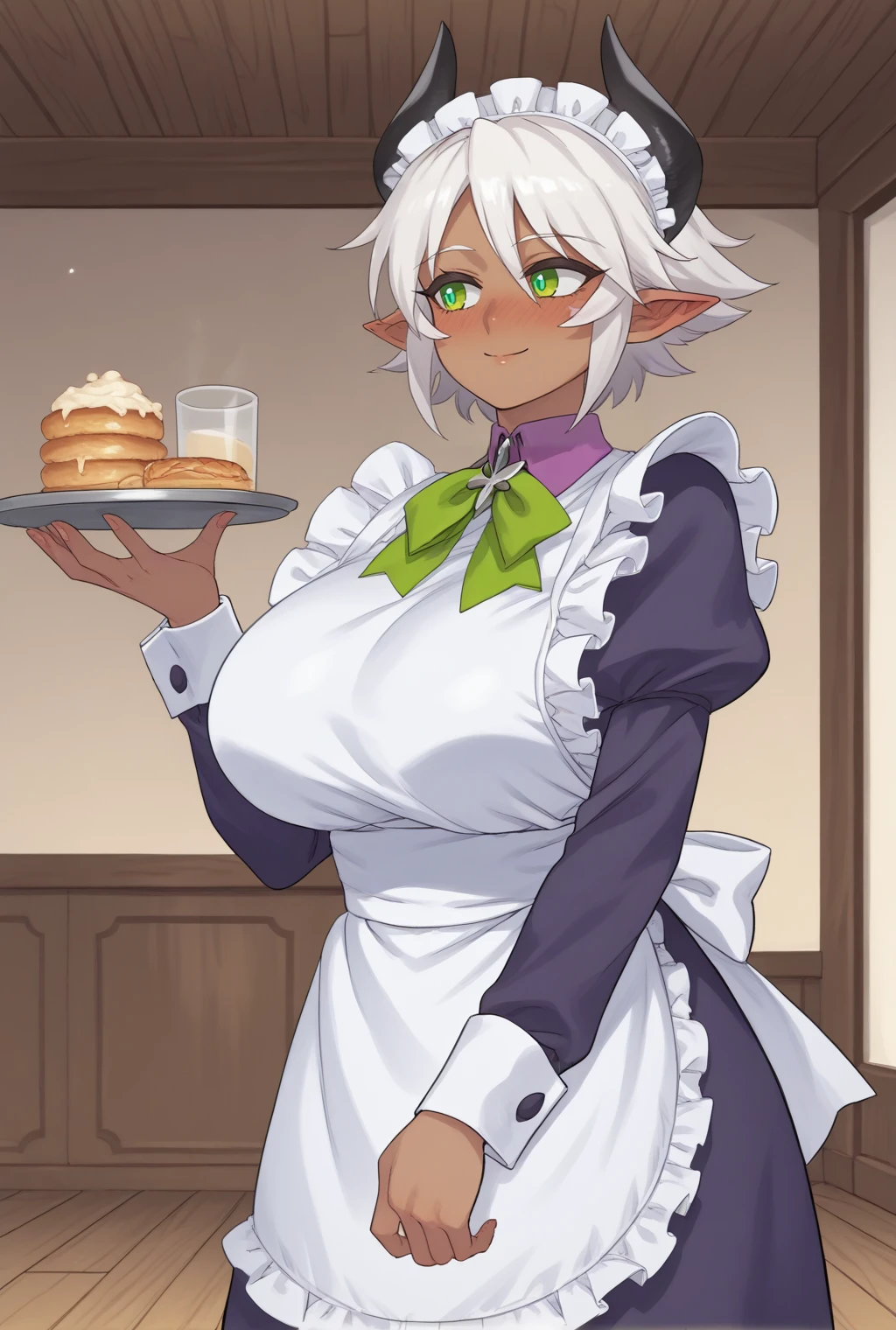 score_9, score_8_up, score_7_up, source_anime BREAK, 1girl, solo, looking away, cowboy shot,
<lora:ZestPdxlDwnsty:1>, ZestMaid, green eyes, horns, pointy ears, white hair, short hair, dark-skinned female, blush stickers, apron, maid headdress, maid apron, purple dress, long sleeves, collar, neck ribbon, 
huge breasts, thick thigs, skindentation, smile, holding tray, tray, 
indoors, living room, wooden floor, dimly lit,
<lora:mimonelv3_sdxl_pony:1>,