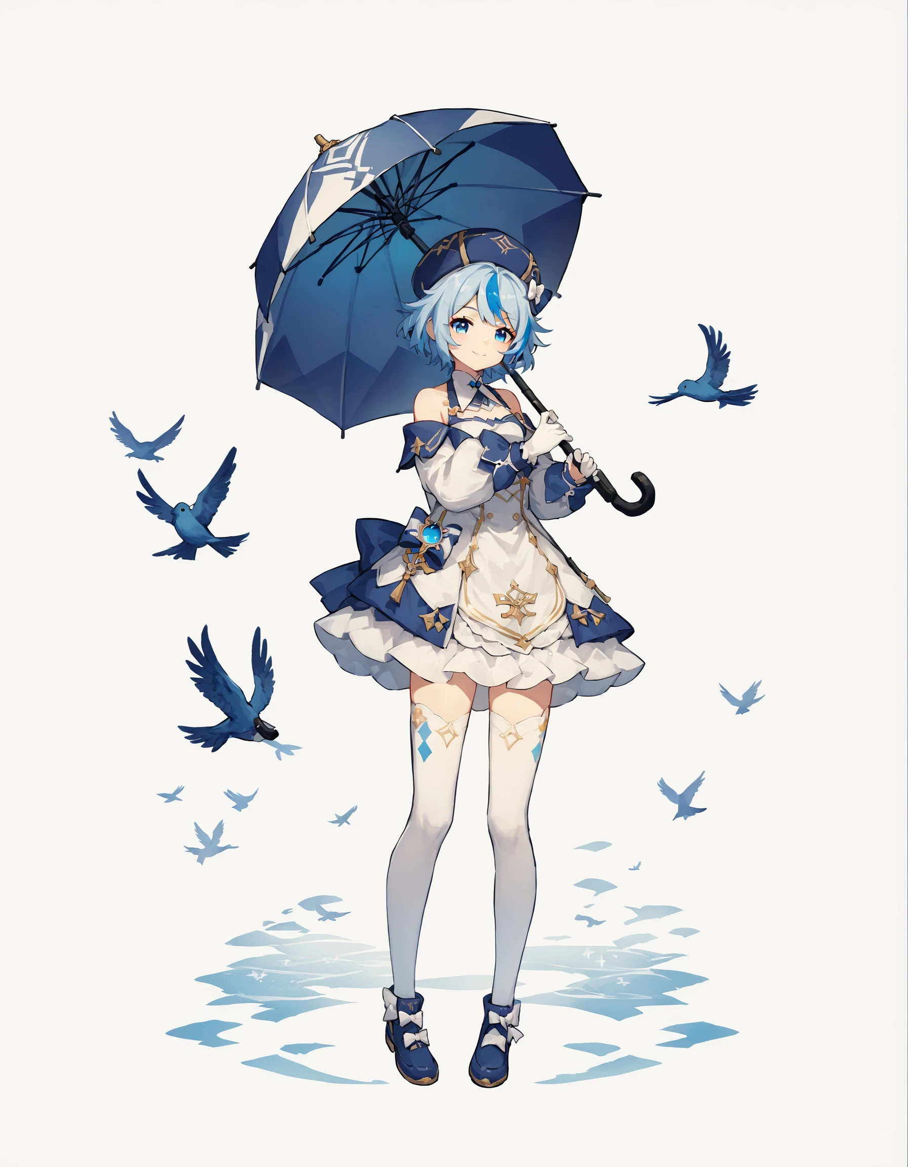 score_9, score_8_up, score_7_up, score_6_up, score_5_up, score_4_up, Hoyoearth, 1girl, solo, looking at viewer, smile, short hair, blue eyes, simple background, thighhighs, gloves, long sleeves, hat, white background, dress, bow, bare shoulders, closed mouth, blue hair, standing, full body, multicolored hair, shoes, white gloves, off shoulder, white dress, white thighhighs, streaked hair, bird, umbrella, white bow, hat bow, blue headwear, blue footwear, closed umbrella, very detailed, Hoyoverse, source_anime , <lora:earthhoyoponyxl:0.8>