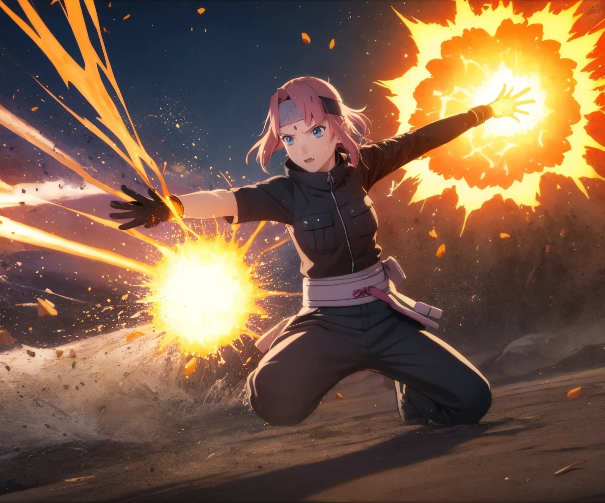 cgi,solo,1girl,ninja,forehead protector,konohagakure symbol,fire,energy,magic,fake screenshot,battle,explosion,debris,<lora:NSUNS4-10:1>,