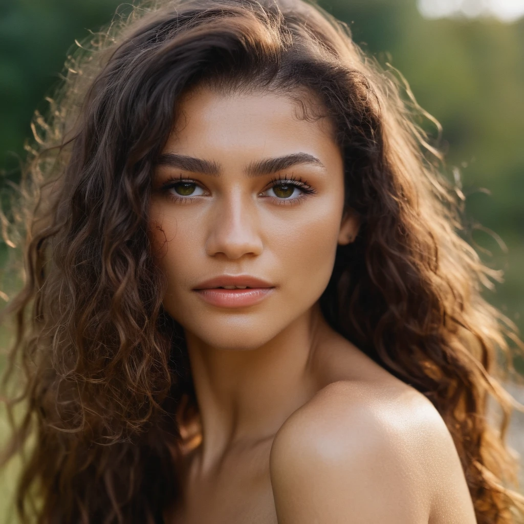 Skin texture, no makeup, Super high res closeup portrait photo of a woman outdoors with wavy long hair,f /2.8, Canon, 85mm,cinematic, high quality,looking at the viewer, <lora:zendaya_xl_1_standard_wo_cap_merger_23_78_07_03:1>