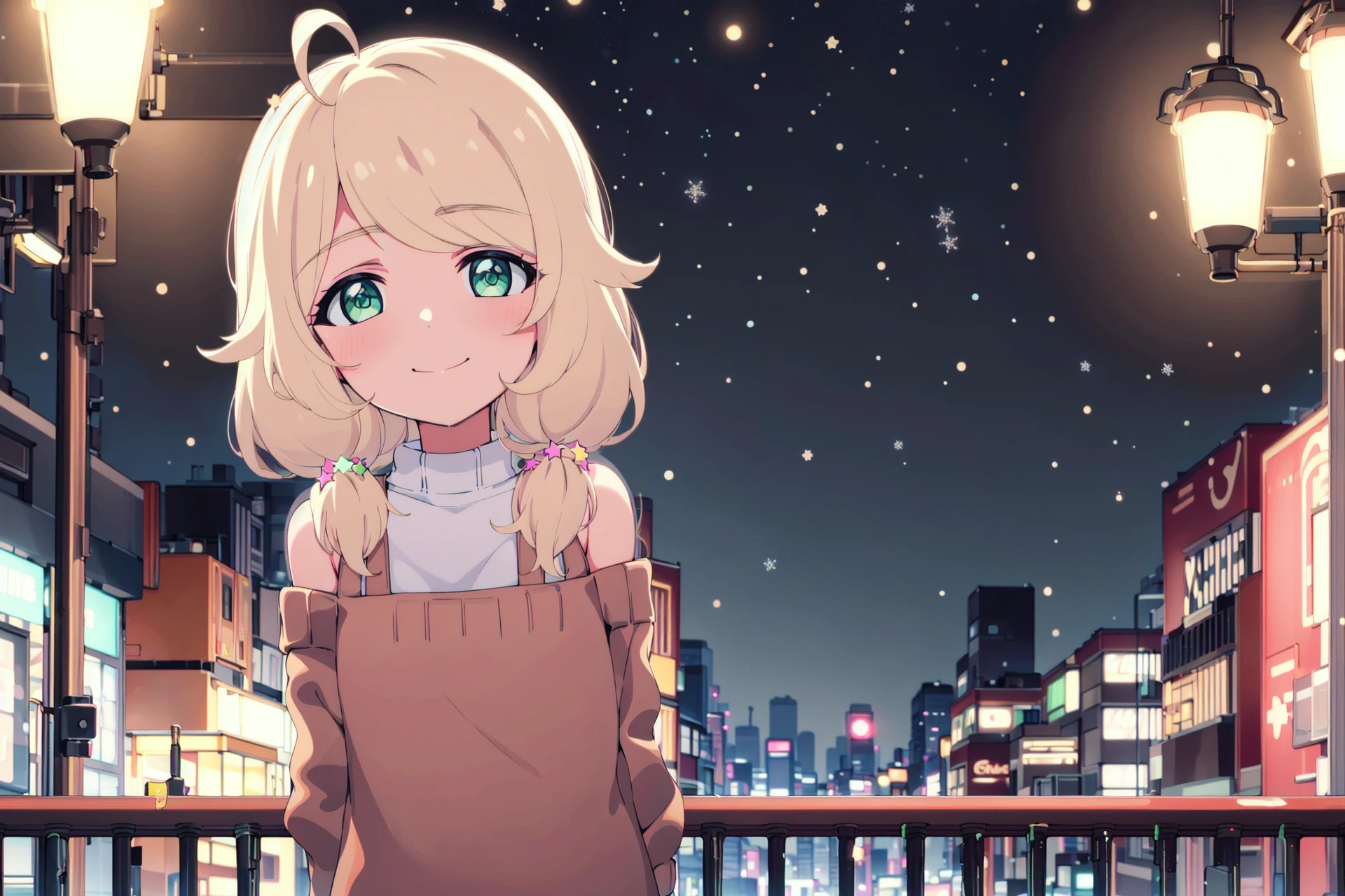 wide shot,{best quality}, {{masterpiece}}, {highres}, original, extremely detailed 8K wallpaper, 1girl, {an extremely delicate and beautiful}, solo,upper body,snow, snowing, (arms behind back), child
yusa kozue,blonde hair,(green eyes),ahoge,low twintails, (off-shoulder sweater),smile,
(detailed background,cityscape,glinting stars,neon lights,street lamp,handrail),