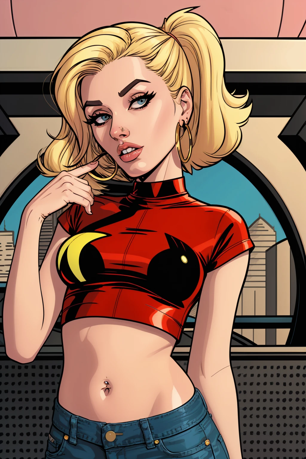<lora:Rolyatistaylor-v1-03:1.4> rolyatistaylor,parted lips,blonde hair, nose ring, jewelry, crop top, shorts, (cartoonish style), flat color style, ((ultra detailed, glossy, smooth, comic style))