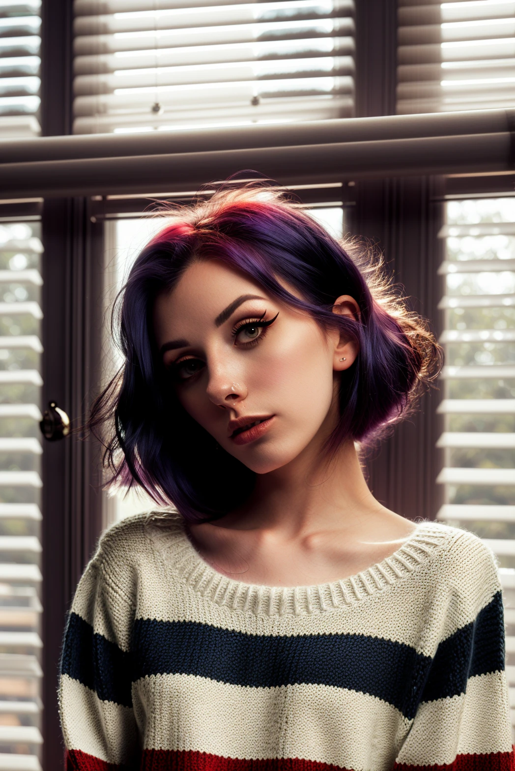 <lora:Rolyatistaylor-v1-03:1.4> rolyatistaylor,parted lips,upper body, portrait,, Shawl Collar Sweater, Twilight, High-Speed Photography, digital camera, Light through blinds or shutters for striped or slatted patterns (Blinds/Shutters Light).
