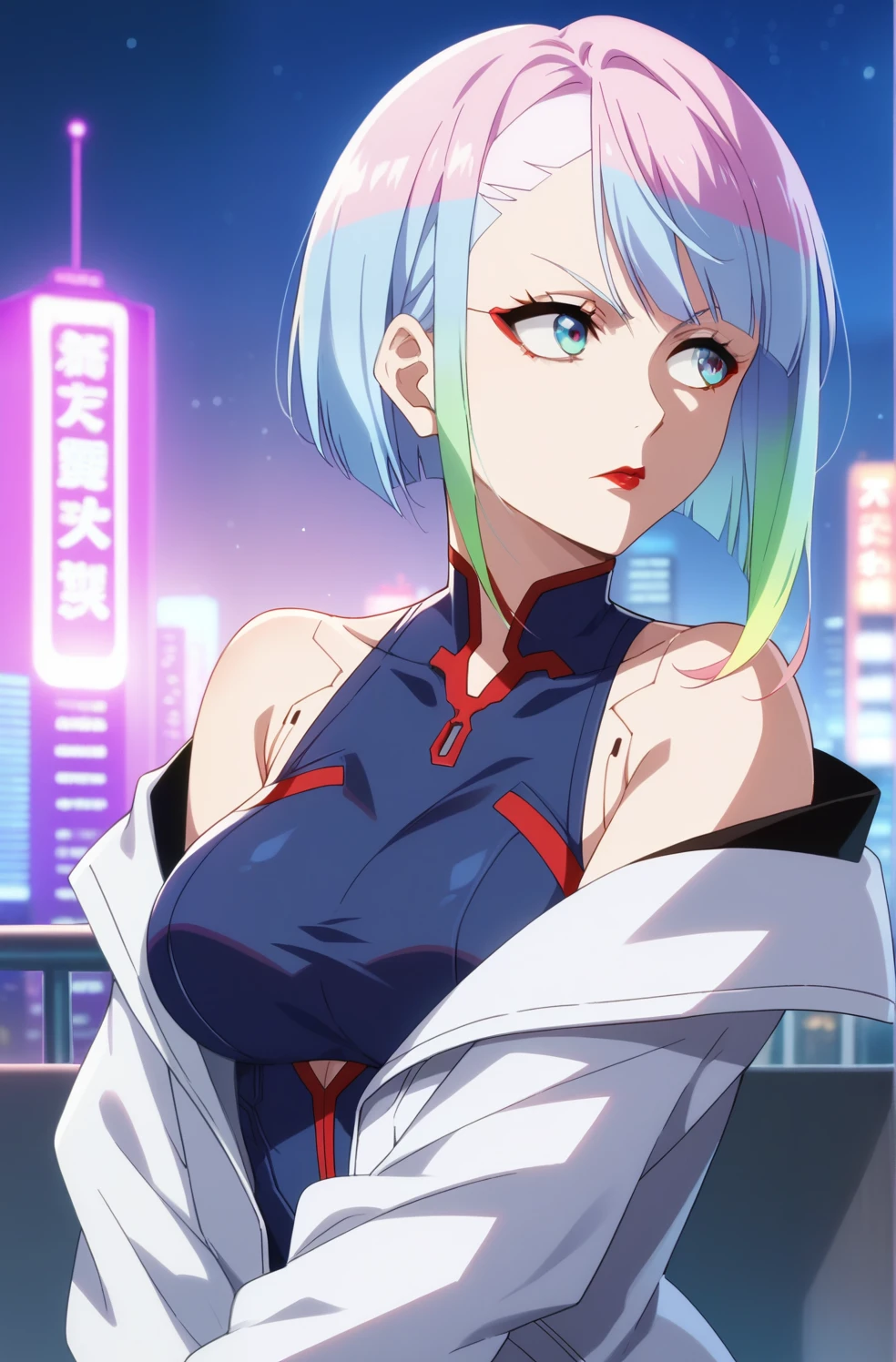 score_4, score_5, score_6, score_9, score_8_up, score_7_up, <lora:Fine_Anime_Screencap-Pony:1> fine anime screencap_xl, anime screencap, lucy \(cyberpunk\) from cyberpunk edgerunners, portrait, leotard, short hair, gradient hair, two-tone hair, blue eyes, red lipstick, serious, looking to the side, jacket, white jacket, bare shoulders, open jacket, large breasts, city, city lights, cityscape, night, starry sky,