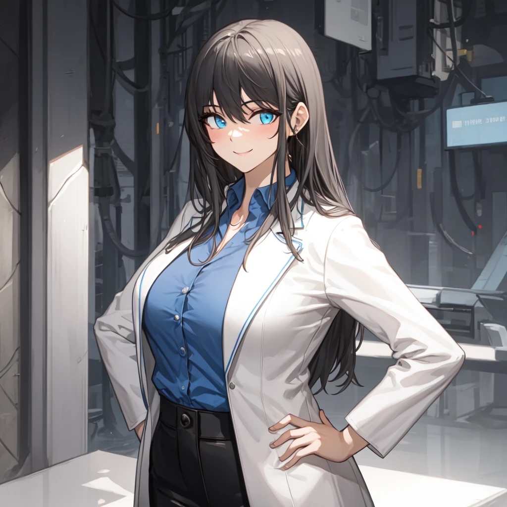 masterpiece, best quality, high quality,1girl,solo,smile, mature female,standing, hand on hip,blue shirt, white coat,