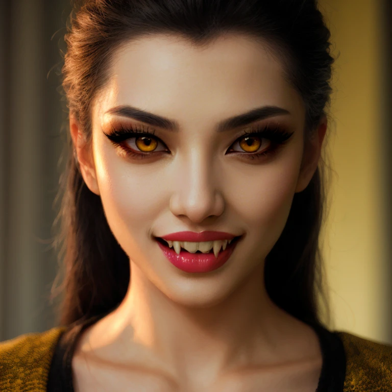 close-up portrait, sexy [ Korean | Nepalese ] vampire, bared fangs, pale skin, yellow eyes, modern fashion, makeup, teeth, dim lighting, cool color tones, suspenseful mood, seductive, vicious, hungry <lora:VampireFangs_v1:1> <lora:LORA-XenoDetailer-v3A:0.3>