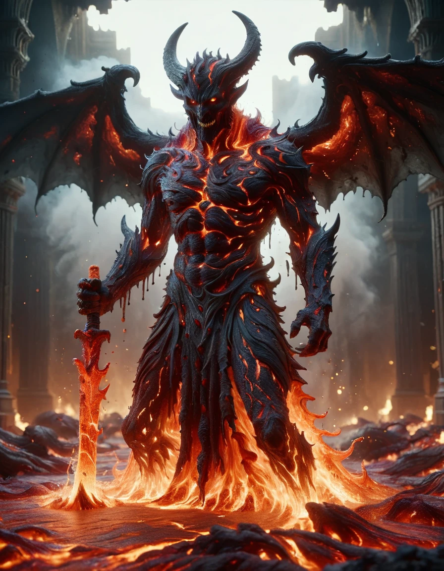 Horror-themed cinematic film still,a horrifying red-skinned male demon king, (full body portrait:1.3), (detailed monstrous evil face:1.4), screaming, wide spread bat like ral-lava wings, (detailed scaly skin texture:1.2), long curved horns, (in hell, swirling tormented souls, billowing smoke:1.5), black spiky armor,, shallow depth of field, vignette, highly detailed, high budget, bokeh, cinemascope, moody, epic, gorgeous, film grain, grainy . Eerie, unsettling, dark, spooky, suspenseful, grim, highly detailed<lora:ral-lava-sdxl-v2:1> ral-lava