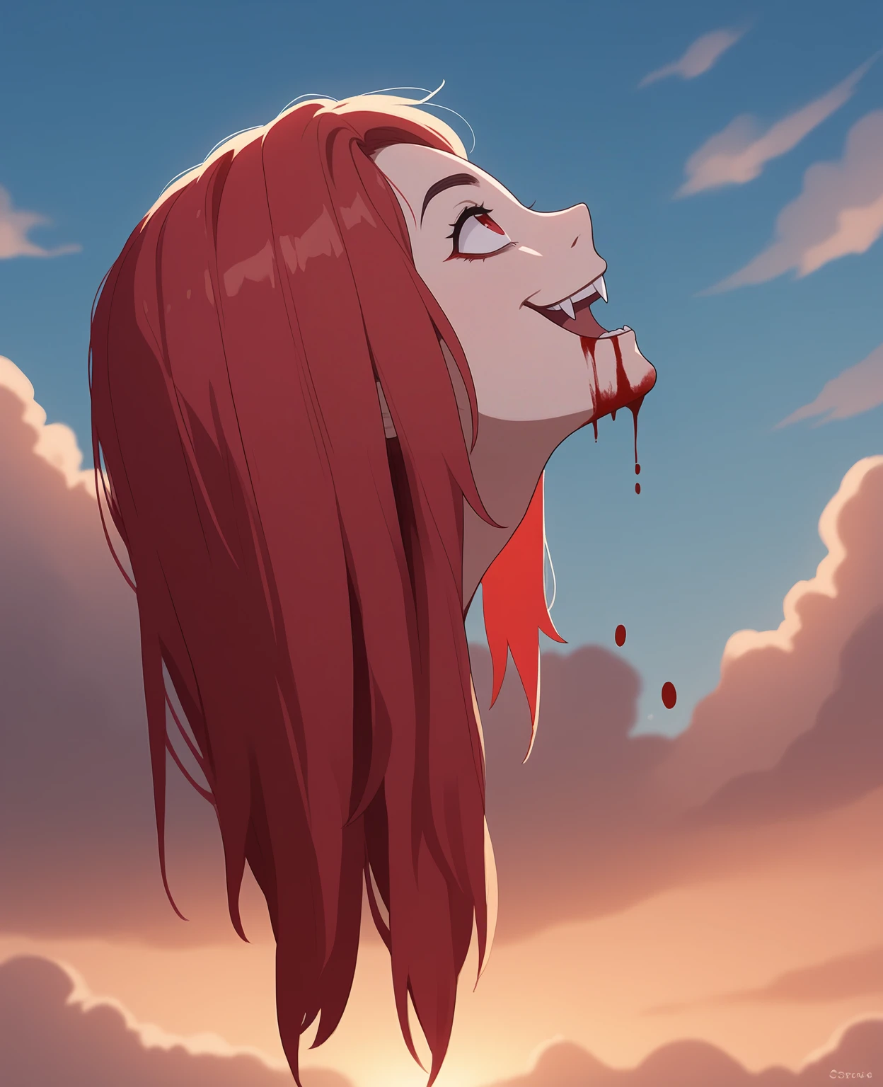 score_9,score_8_up,score_7_up,score_6_up,score_5_up,score_4_up
BREAK
close up,from side,only_head, head of girl,very long red hair,upside down,open mouth, looking to the side,blood,expresive face,evil smile,fangs,cloudy sky,<lora:sdxlpony_onlyhead-v2:1>