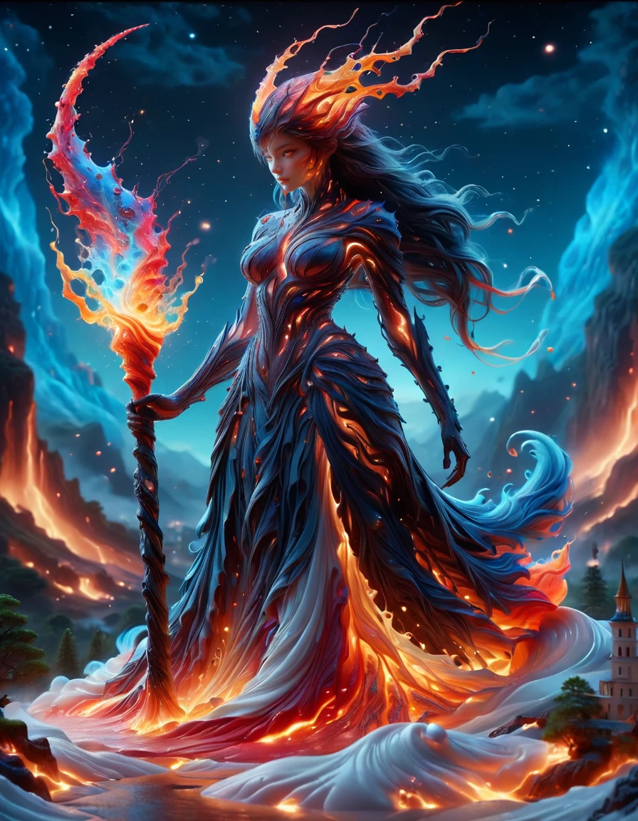 full body, dynamic pose, ral-lava, crisp focus,ethereal fantasy concept art of intricate paper quilled sand spirit holding staff, complex nebula background, vibrant, beautiful paper quills, hyper detailed, insane depth, gorgeous composition, chaotic but orderly, magnificent, celestial, ethereal, painterly, epic, majestic, magical, fantasy art, cover art, dreamy, magic, surreal, fantasy, digital art, wlop, artgerm and james jean, ultra hd, realistic, vivid colors <lora:ral-lava-sdxl-v2:1> ral-lava