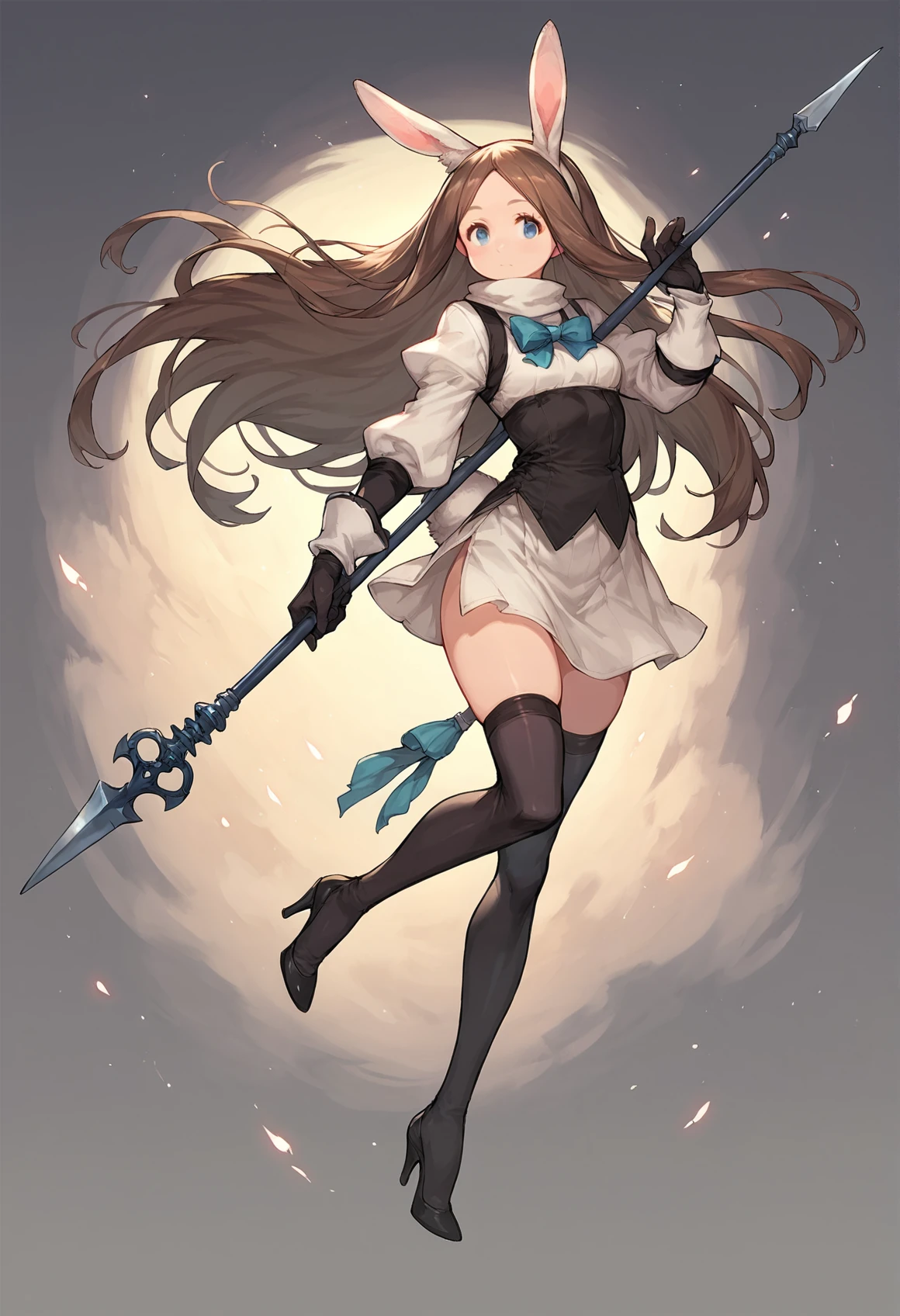 score_9, score_8_up, score_7_up, score_6_up, source anime,
bravely default , 1girl, polearm, long hair, spear, solo, rabbit ears, thighhighs, animal ears, weapon, gloves, high heels, brown hair