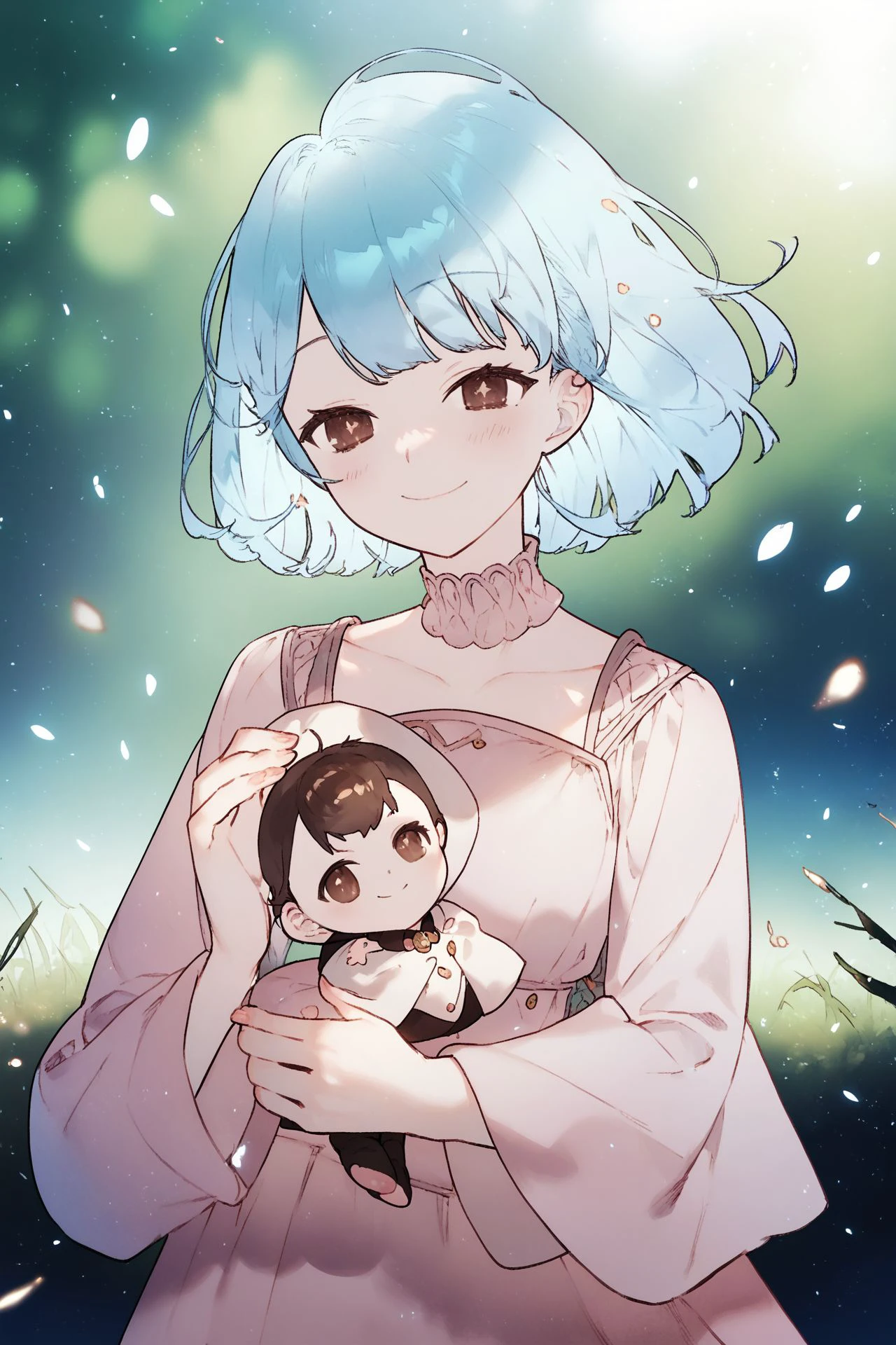 score_9, score_8_up, score_7_up, high resolution, 1girl, beautiful face, detailed pupils, smile, light blue hair, baby bangs, dark brown eyes, breasts, pink clothes, outdoors, floating particles, <lora:noco_(adamas)_PonyXL_style_v01:1>