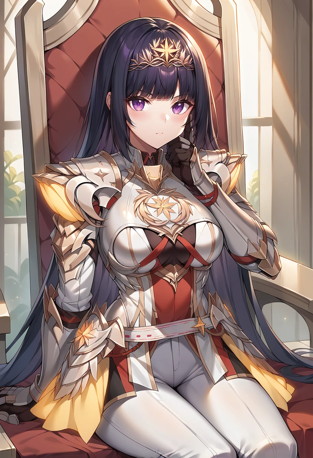 score_9, score_8_up, score_7_up, 1girl, solo, <lora:seriakr-ponyxl-beta2-08:1.0>, seriakrloh, white clothes, armor, breastplate, pauldrons, white belt, white pants, gold trim, knee boots, sitting, throne, hand to cheek, clenched hand, cowboy shot, looking at viewer, gloves, circlet, purple eyes, thighs,