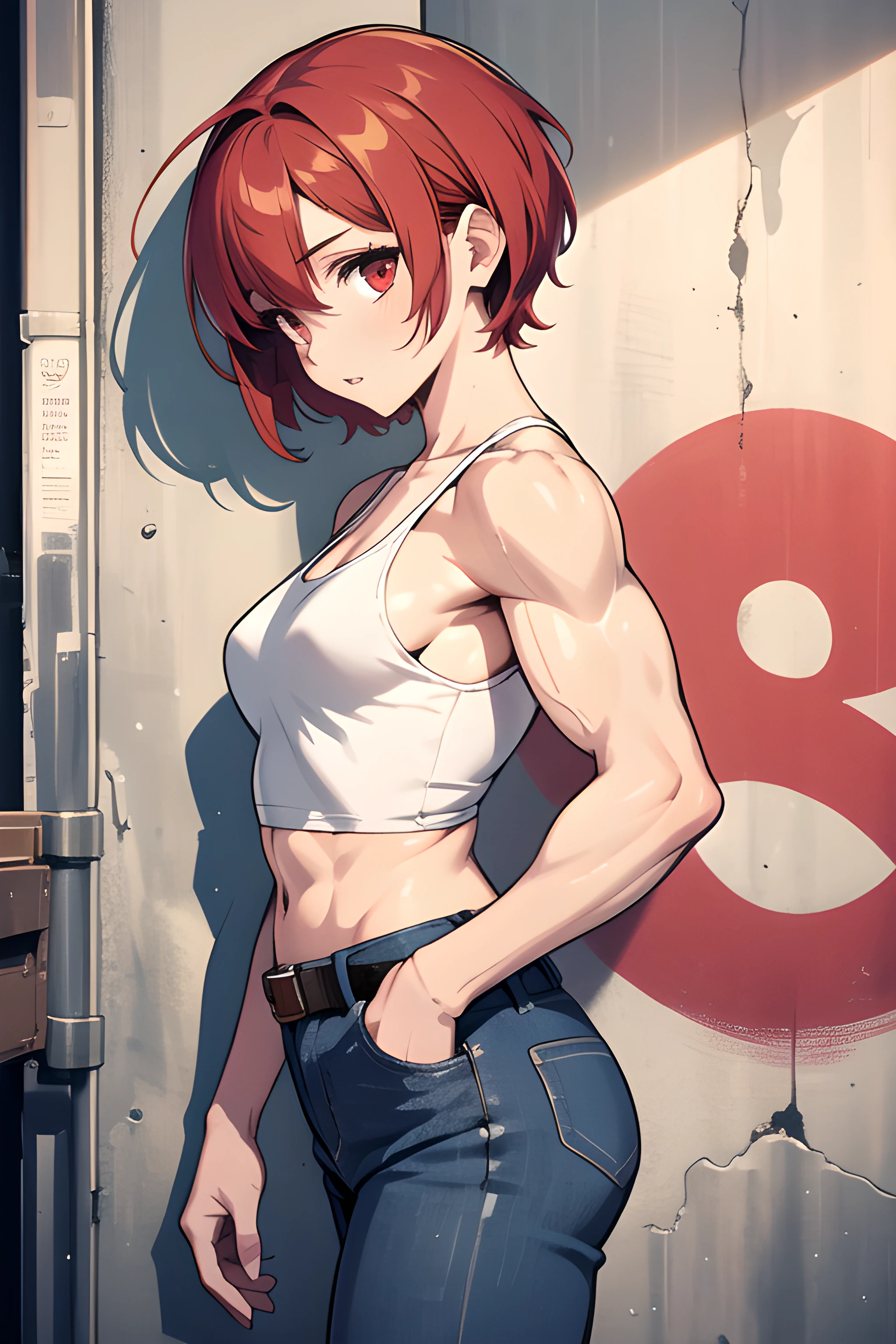 (masterpiece, best quality, highres), 1girl, solo, tomboy, very short hair, pixie cut, red hair, crossed bangs, red eyes, small breasts, tall female, muscular, muscular female, tank top, midriff, jeans, leather belt, sneakers, skin tight, outdoors, graffiti, mural, upper body, from side, expressionless, parted lips, looking at viewer, hands in pockets