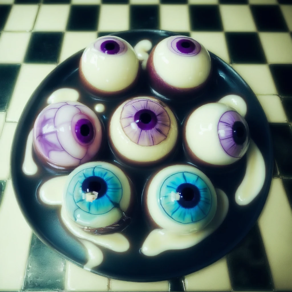 <lora:eyescream_v1:0.5>, syrup, eyeball, still life, eyes cream, ESCK, creature, reflective floor, odd one out, cake, purple eyes