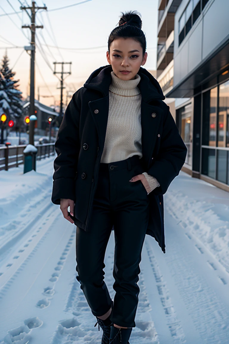 photo of lilraeblack, <lora:lilraeblack2:0.8>, (8k, RAW photo, highest quality), upper body, 1girl, winter outfit, sweater, pants, boots, winter coat, snow background