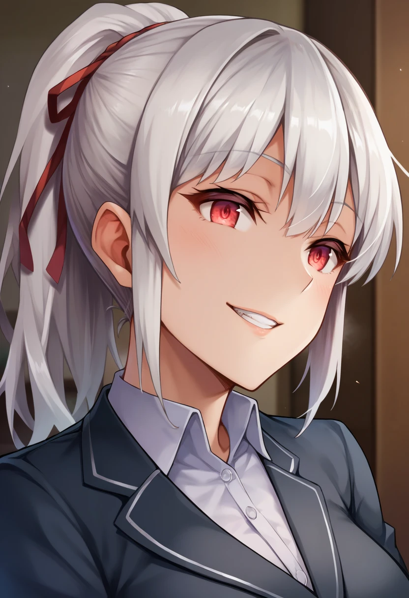 score_9, score_8_up, score_7_up, source_anime, 1girl,red eyes,smile, room, wariza, ponytail,grey hair, portrait, blazer, by oninoboru <lora:Oni-noboru-Style-PonyXL-000028:1>