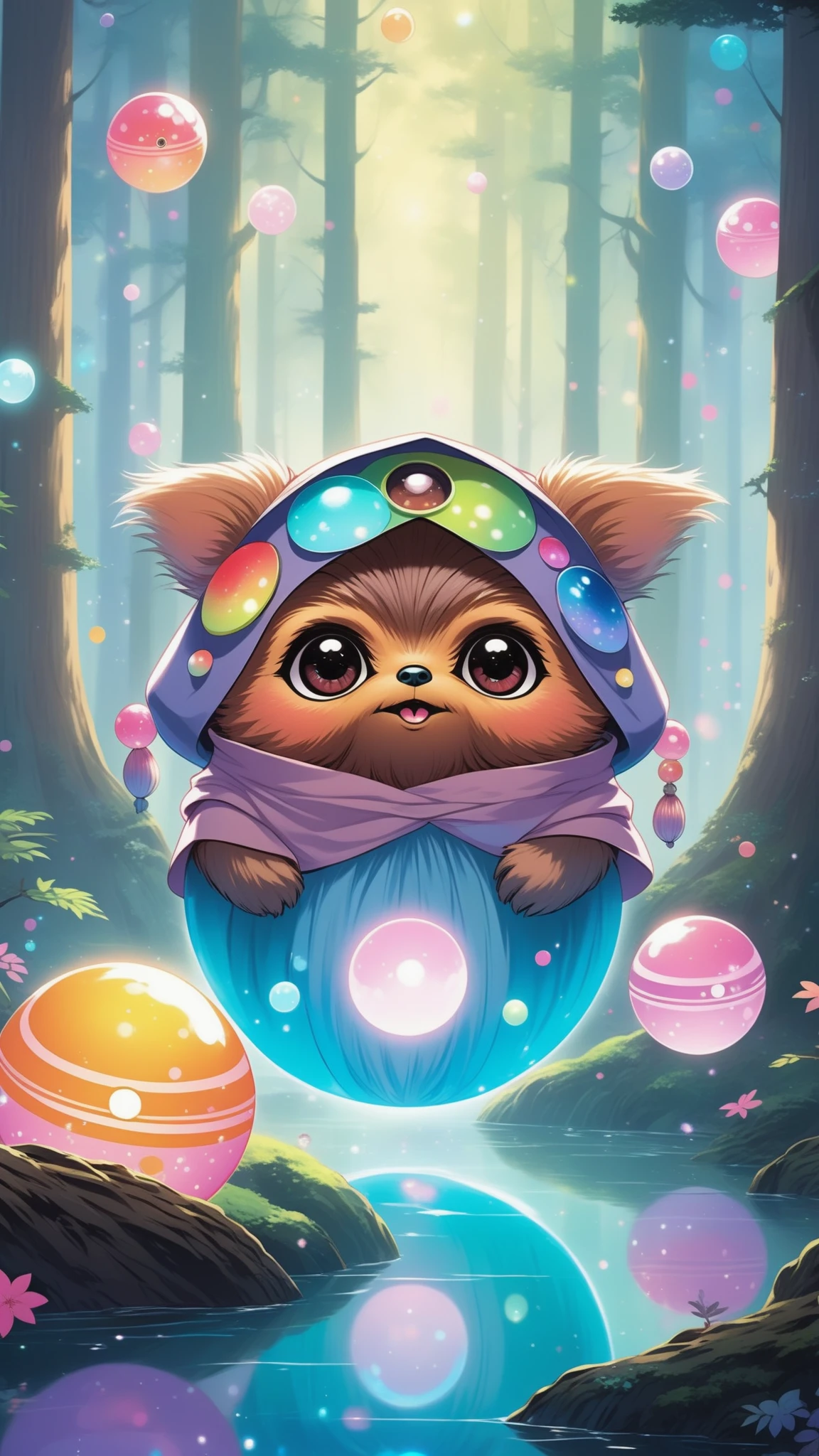kawaii style an ewok mystic, enchanted forrest, colorful ethereal orbs floating in the air, huge anime eyes, . cute, adorable, brightly colored, cheerful, anime influence, highly detailed